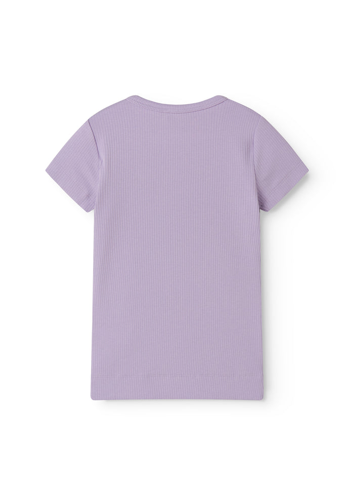 Short-sleeved ribbed t-shirt for children in a lilac shade with button-up closure.