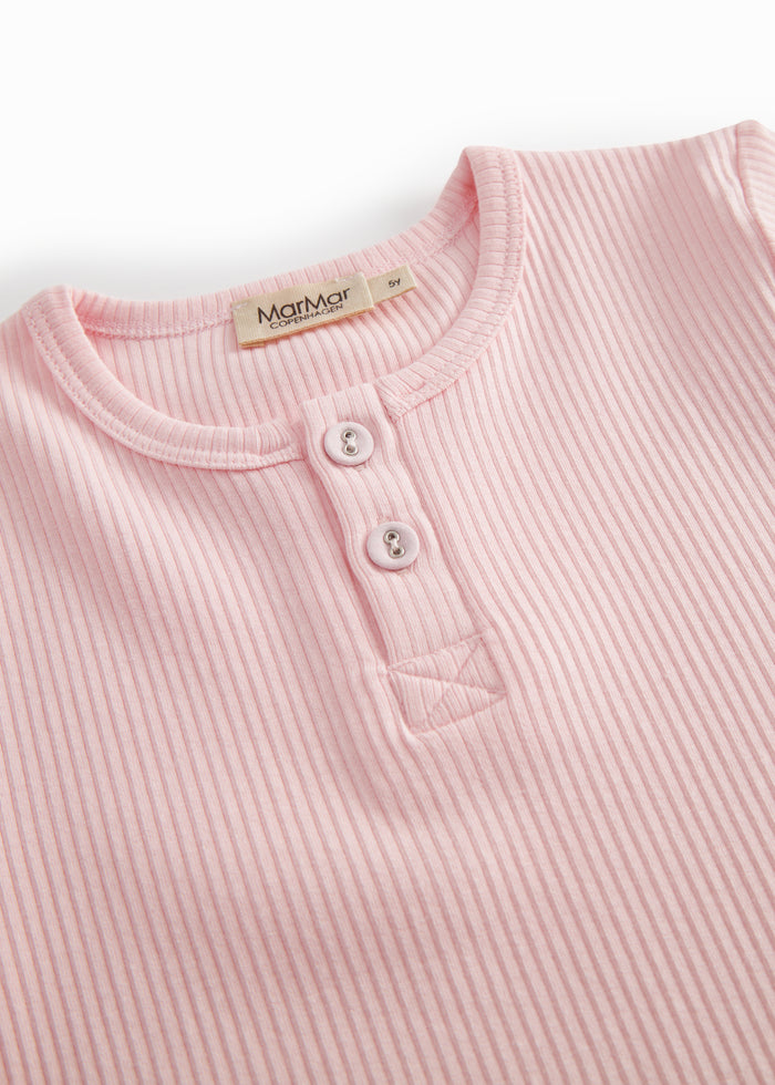 Short sleeve bright red modal t-shirt for children with button-up closure.