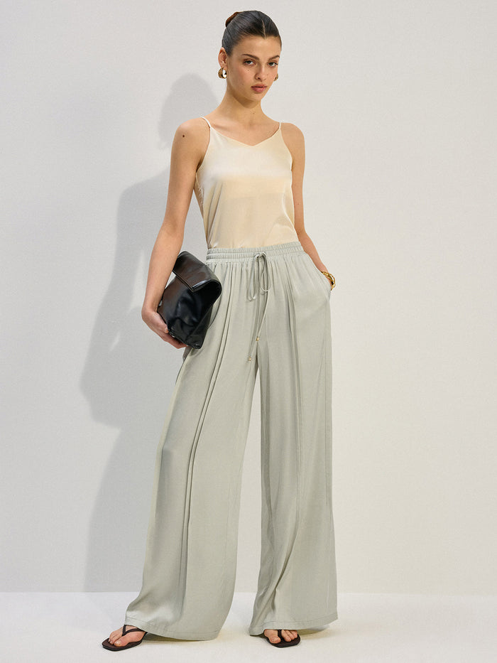 Tencel Rayon Satin Wide-Leg Pants with Pleats