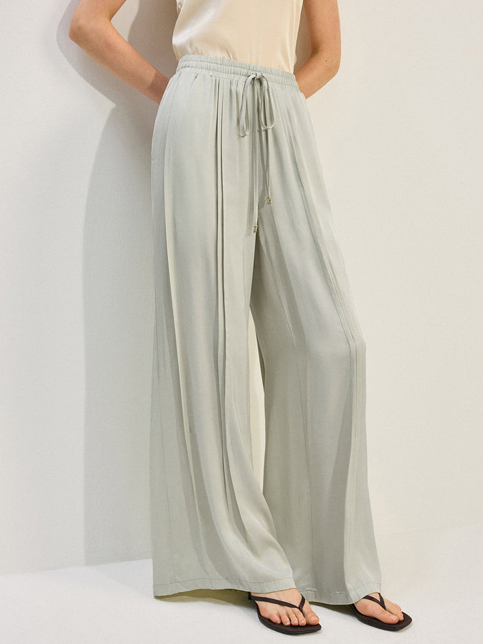 Tencel Rayon Satin Wide-Leg Pants with Pleats