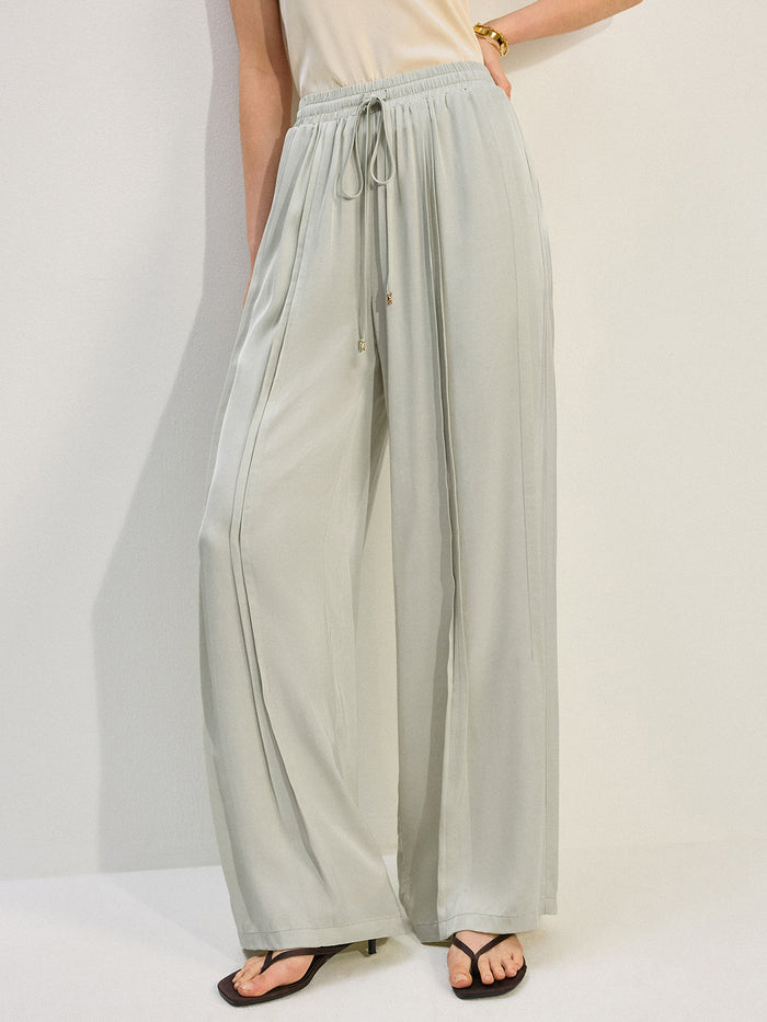 Tencel Rayon Satin Wide-Leg Pants with Pleats