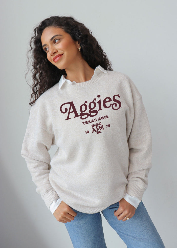 Texas A&M Aggies Women's Natural Relaxed, straight Yarn-dyed brushed fleece Sweatshirt with the look of sweater, the touch of a blanket, crew neckline and ribbed neck, cuffs and hem