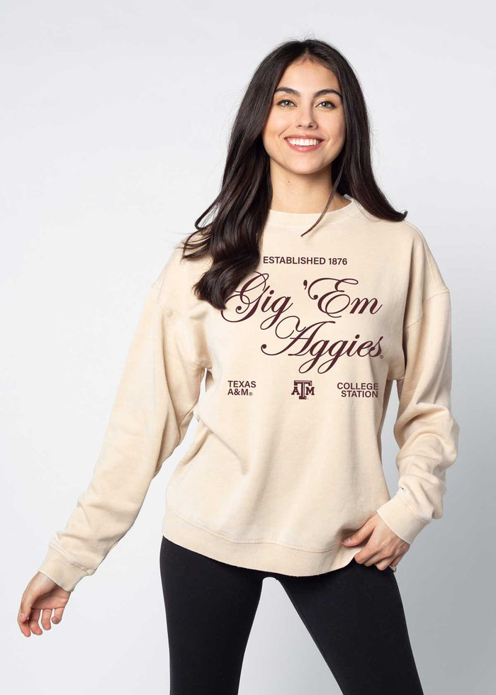 Texas A&M Aggies Unisex Oatmeal Oversized Burnout fleece Sweatshirt with Ribbed crew neckline, cuffs, hem, dropped shoulders and relaxed bottom hem
