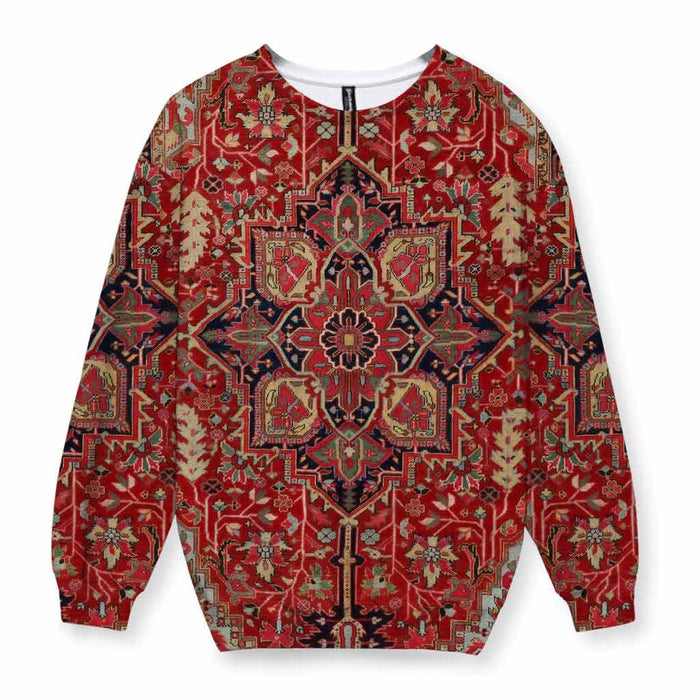 Mimicking the intricate aesthetics of a traditional Persian Heriz or Serapi rug, this design anchors a massive central medallion in deep midnight indigo and antique sandstone beige against a saturated Persian crimson base. Contact us with accessibility feedback, we'd love to help!