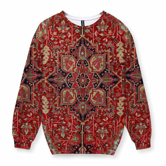 Mimicking the intricate aesthetics of a traditional Persian Heriz or Serapi rug, this design anchors a massive central medallion in deep midnight indigo and antique sandstone beige against a saturated Persian crimson base. Contact us with accessibility feedback, we'd love to help!