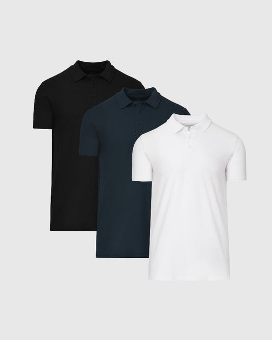 The Standard Tall Classic Polo 3-Pack: black, navy, white polos.