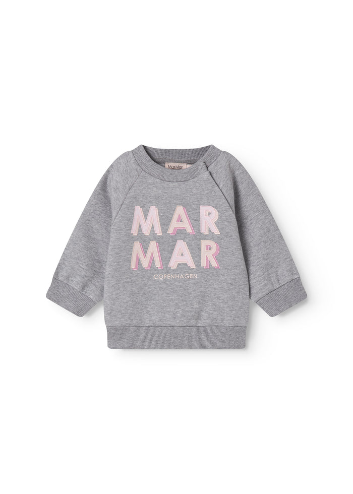Gray baby sweatshirt with rosa MarMar logo.