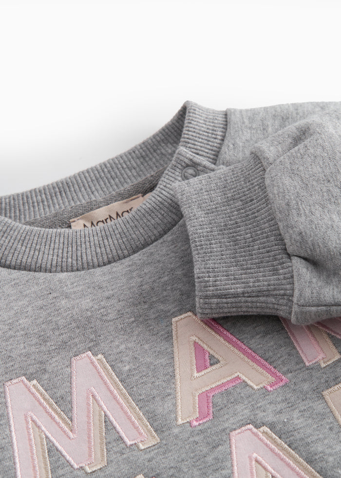 Gray baby sweatshirt with rosa MarMar logo.
