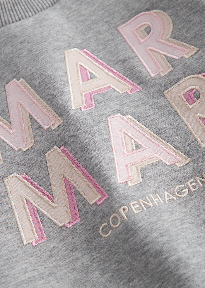 Gray baby sweatshirt with rosa MarMar logo.