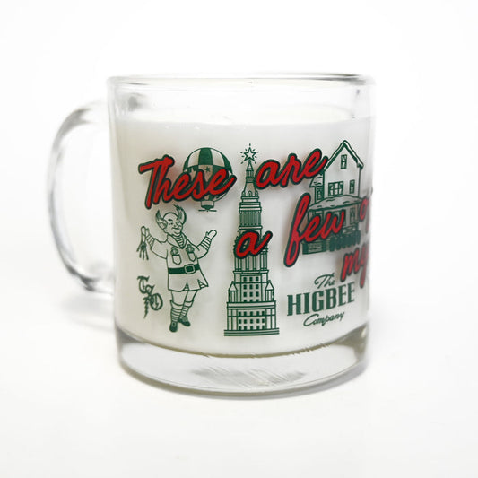 Clear mug with decorative text and graphics on a white background
