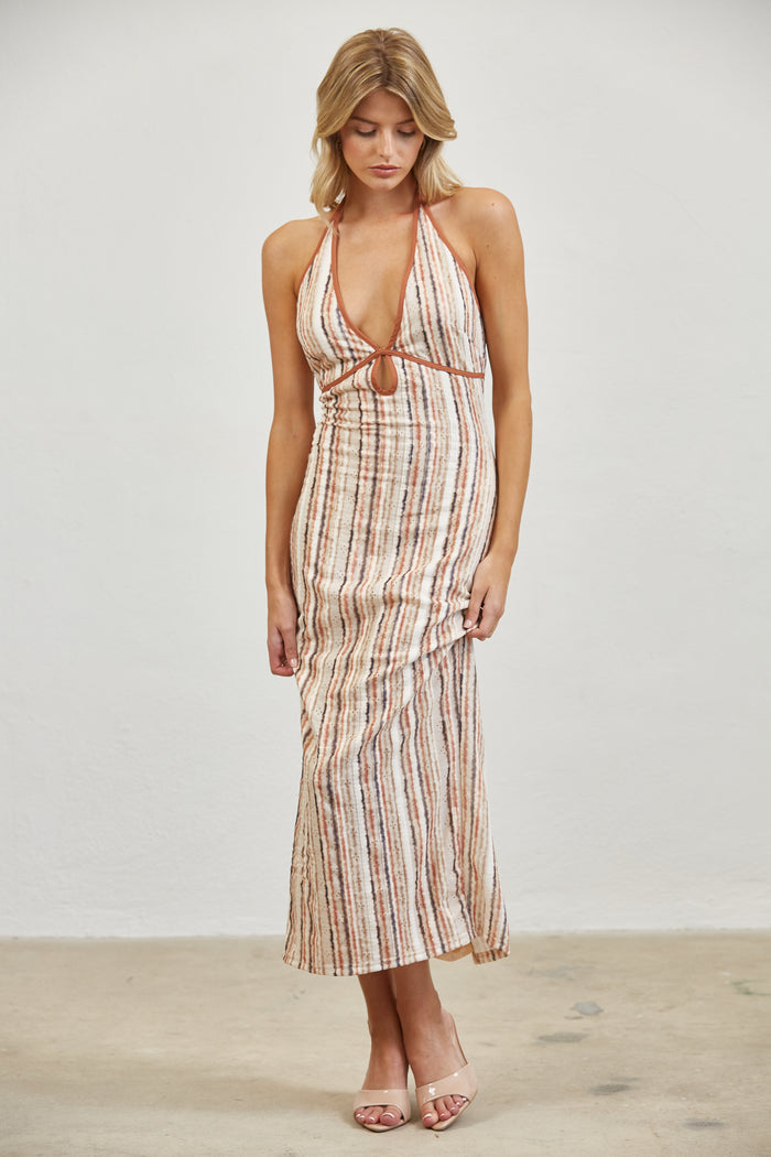 Tie-Back Halter Keyhole Printed Midi Dress - Rust