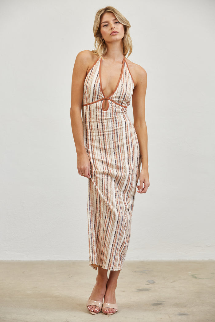 Tie-Back Halter Keyhole Printed Midi Dress - Rust