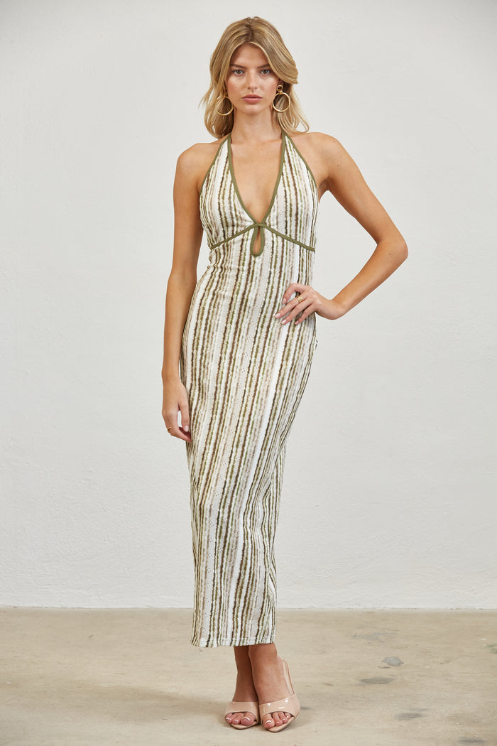 Tie-Back Halter Keyhole Printed Midi Dress