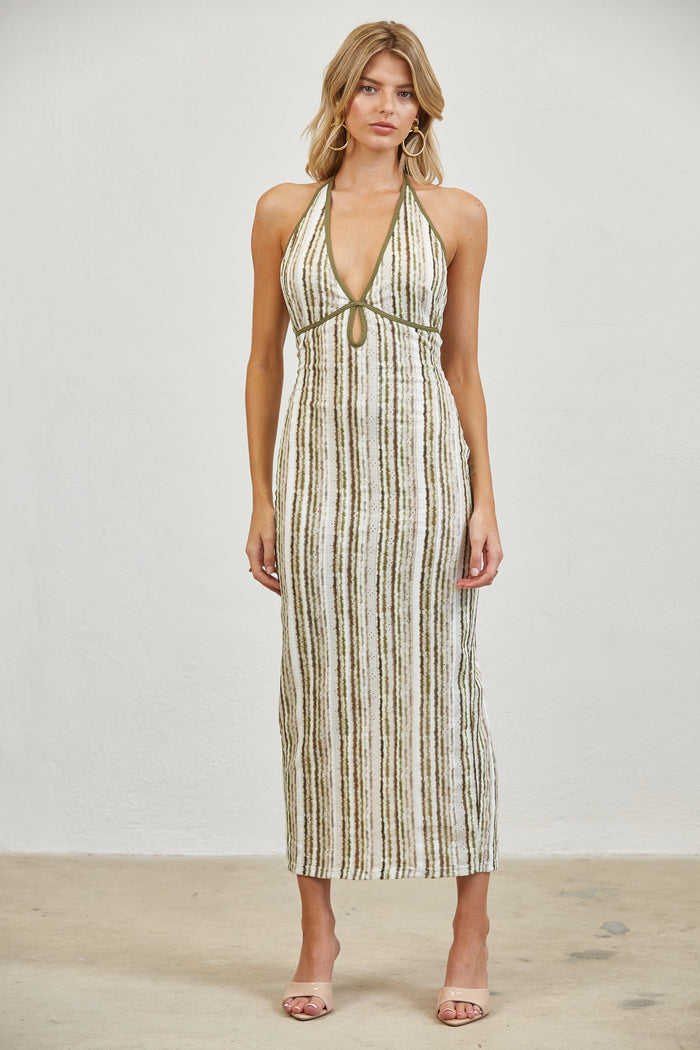Tie-Back Halter Keyhole Printed Midi Dress