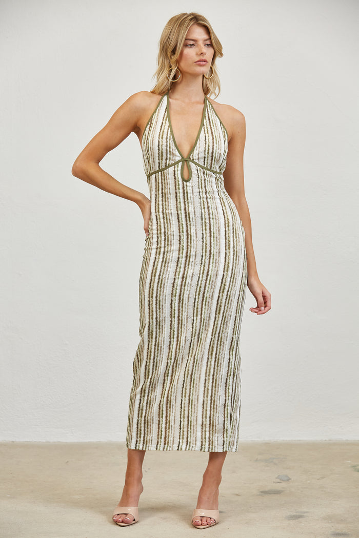 Tie-Back Halter Keyhole Printed Midi Dress