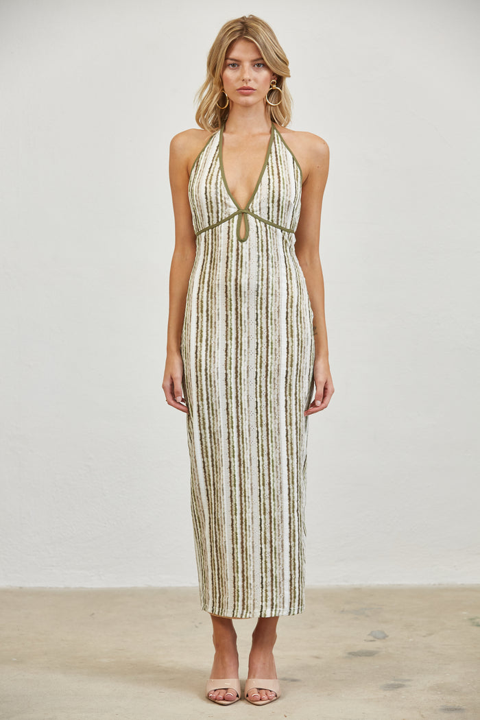 Tie-Back Halter Keyhole Printed Midi Dress