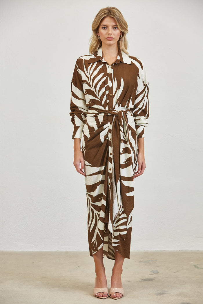 Tropical Leaf Print Shirt Tie Waist Maxi Dress