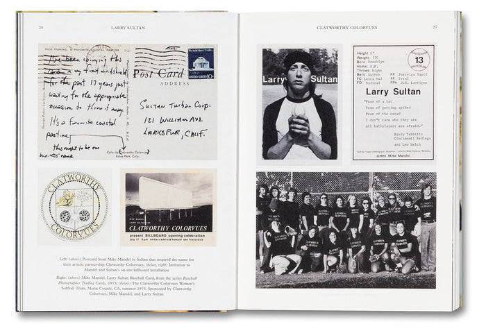 Open book showing pages with text, a postcard, and black and white photos.