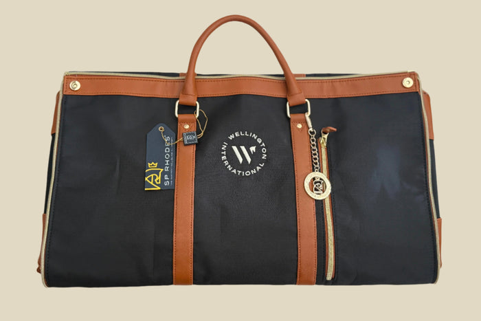 Black bag with brown accents and visible branding on a light background