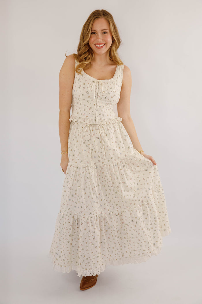 Tiered Floral Maxi Skirt With Eyelet Trim- Women's Ivory Floral Two Piece Set