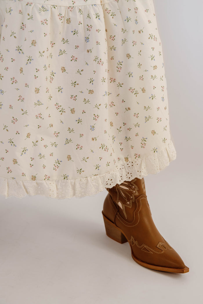 Tiered Floral Maxi Skirt With Eyelet Trim- Women's Ivory Floral Two Piece Set