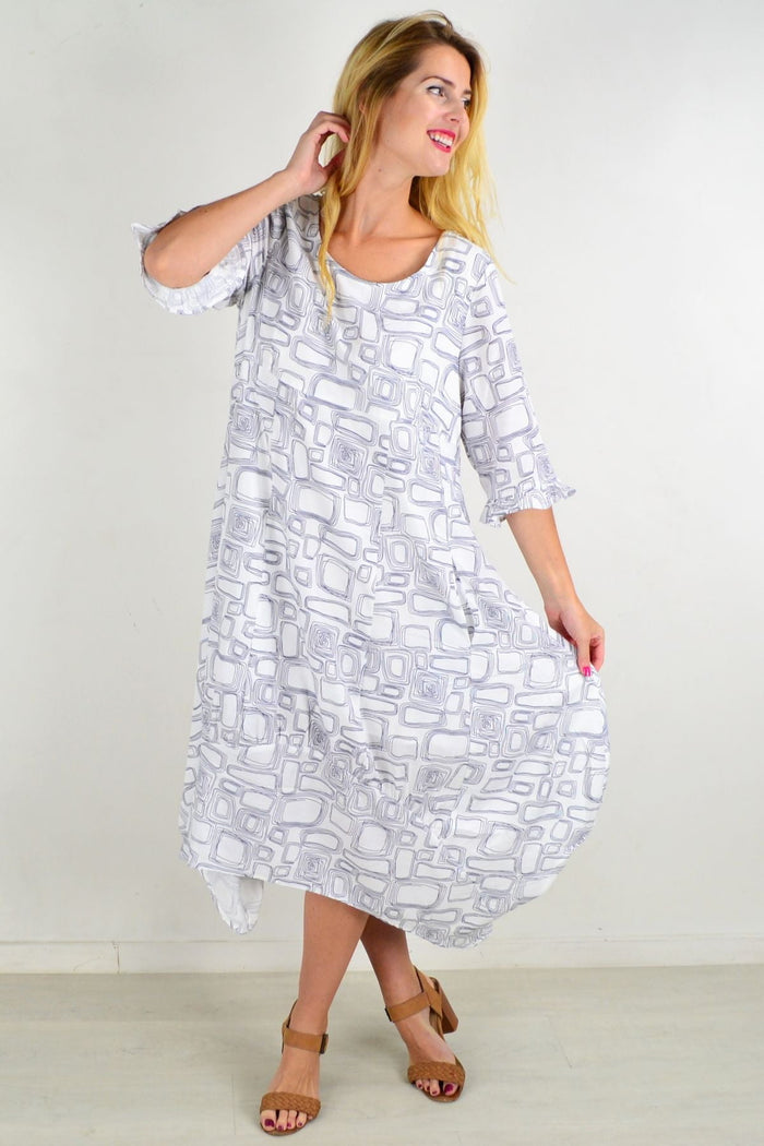 White Block Bubble Tunic Dress by Willow Tree, featuring a loose fit with bubble sleeves and a casual, comfortable style.