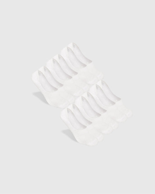 White Never Show Socks 6-Pack laid out, featuring seamless design and rubber stoppers.