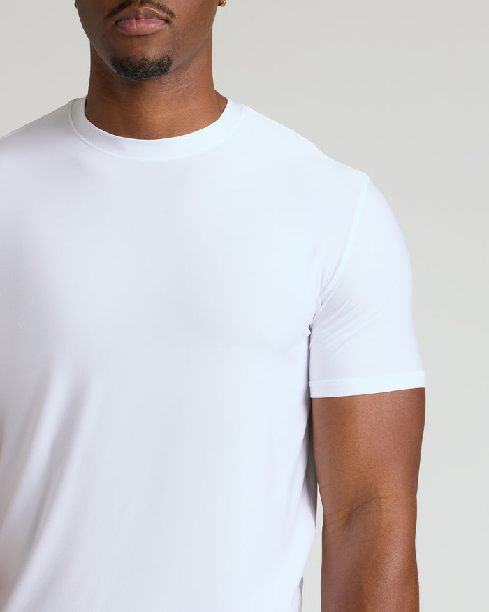 White Tall Active Crew Neck 2.0 worn by model, showcasing fit.