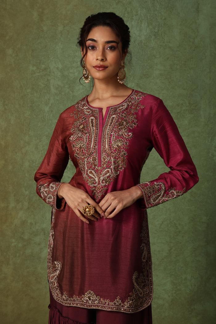 Wine Embroidered Kurta with Tiered Sharara Set