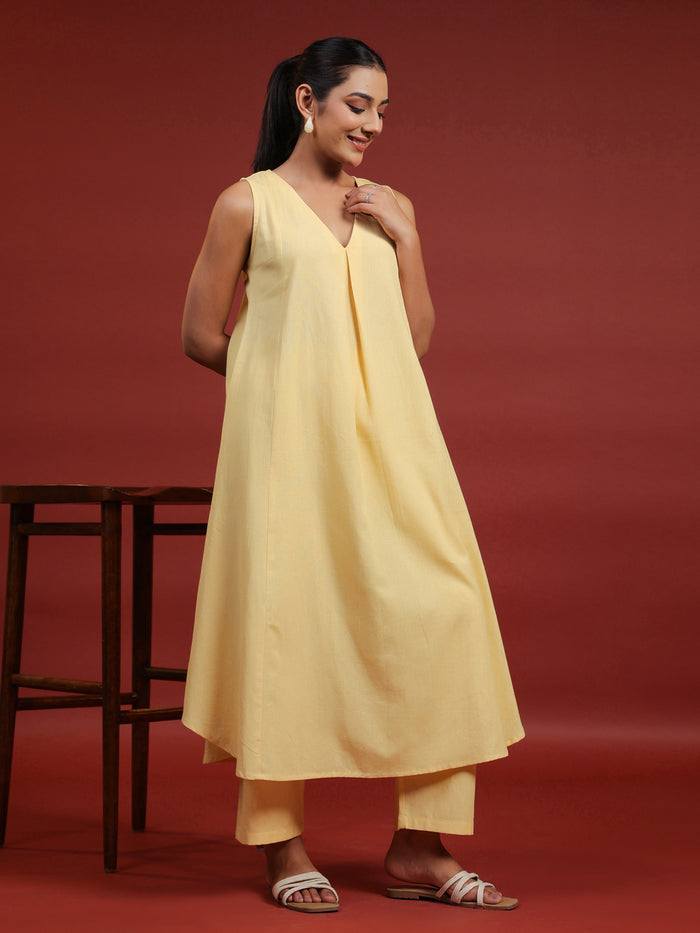 Women's Yellow Cotton A line Kurta with Trousers