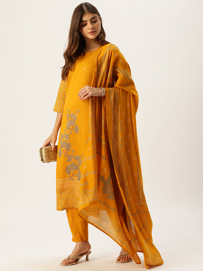 Yellow Printed Kurta with Trousers With Dupatta