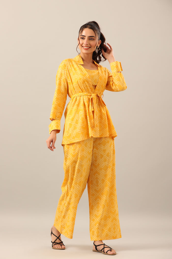 Yellow Shibori on Cotton Three piece Shrug Set