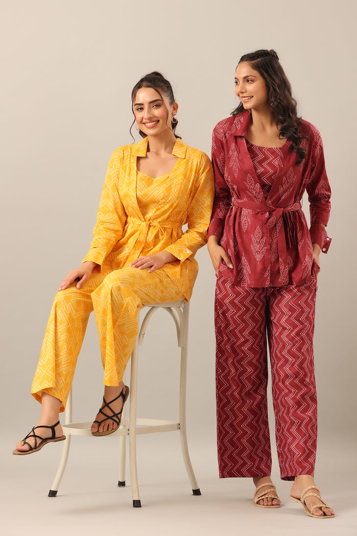 Yellow Shibori on Cotton Three piece Shrug Set