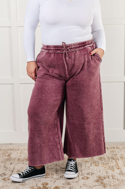 Zenana Wide Leg Mineral Wash Cropped Palazzo Pants in Eggplant