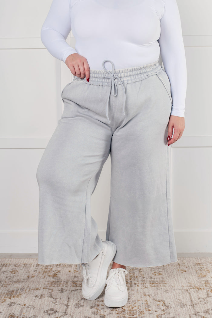 Zenana Wide Leg Mineral Wash Cropped Palazzo Pants in Light Grey