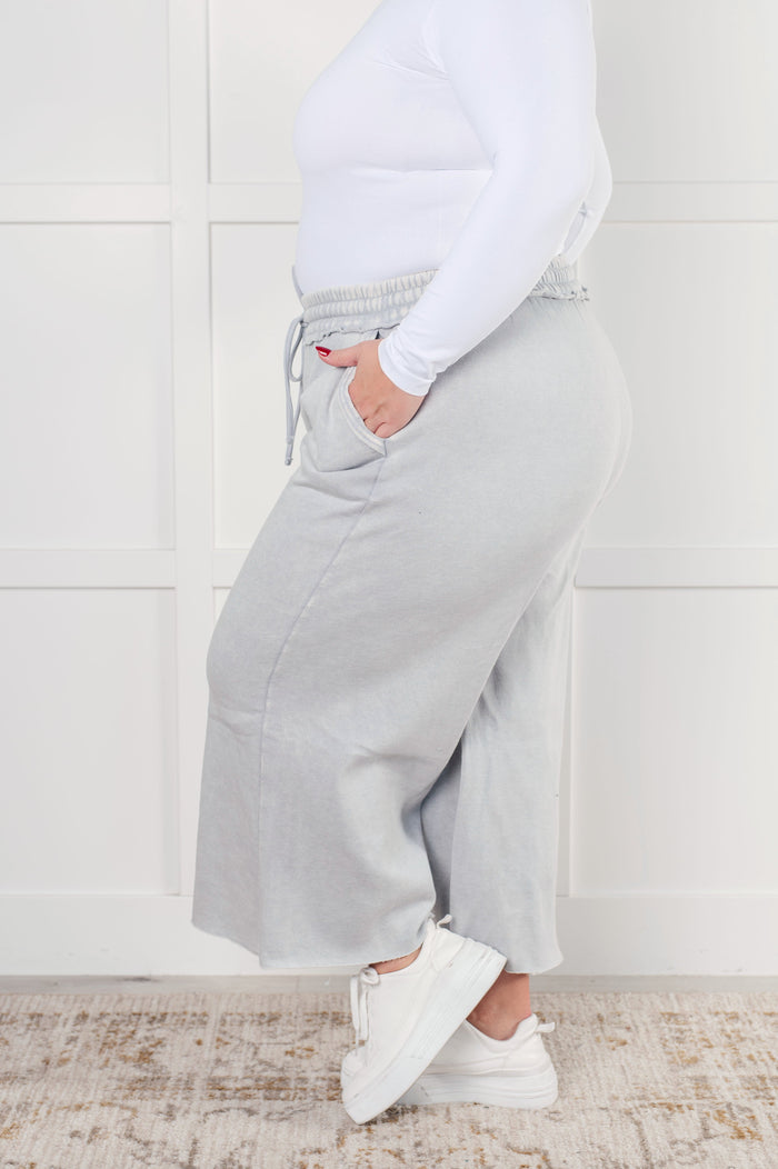 Zenana Wide Leg Mineral Wash Cropped Palazzo Pants in Light Grey