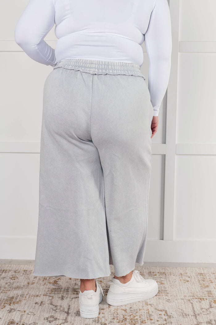 Zenana Wide Leg Mineral Wash Cropped Palazzo Pants in Light Grey