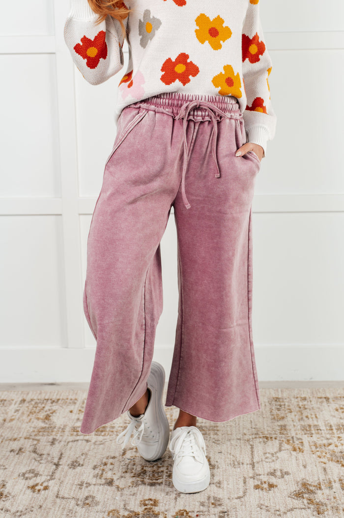 Zenana Wide Leg Mineral Wash Cropped Palazzo Pants in Light Rose