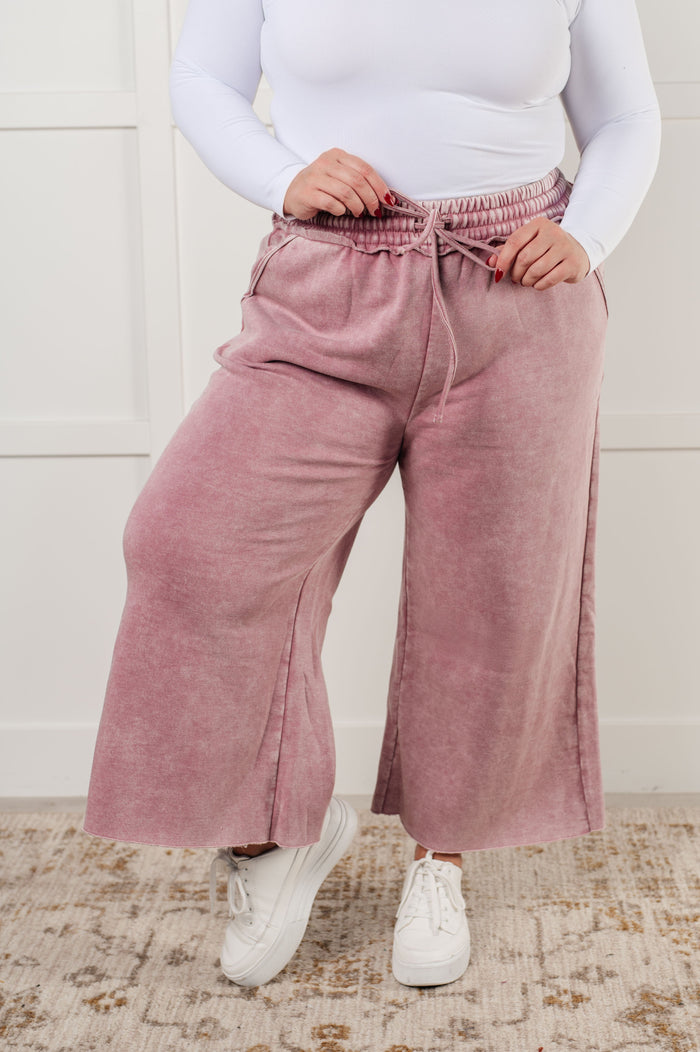 Zenana Wide Leg Mineral Wash Cropped Palazzo Pants in Light Rose