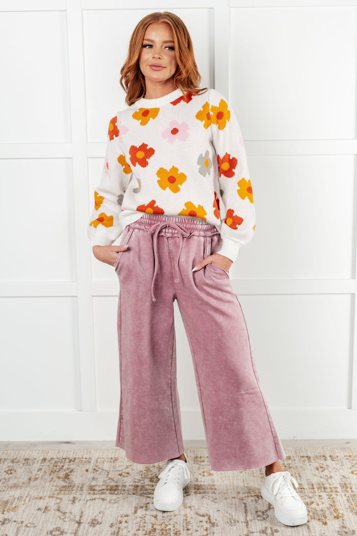 Zenana Wide Leg Mineral Wash Cropped Palazzo Pants in Light Rose