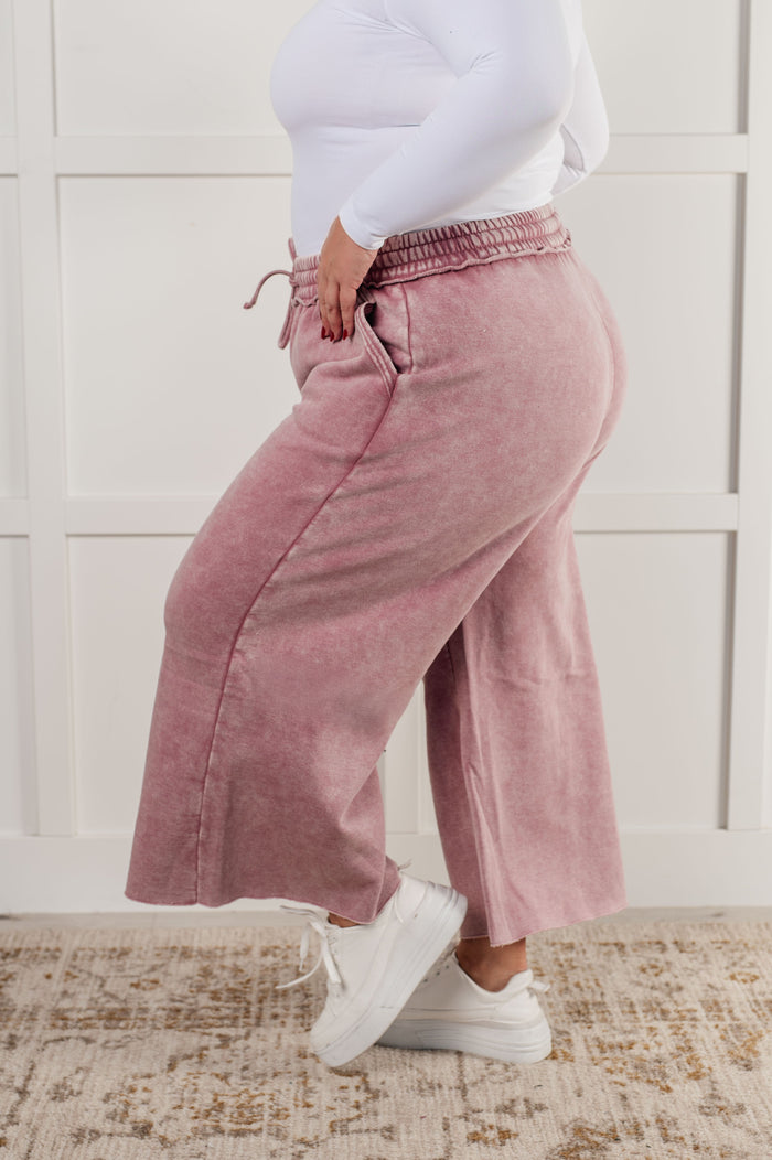 Zenana Wide Leg Mineral Wash Cropped Palazzo Pants in Light Rose
