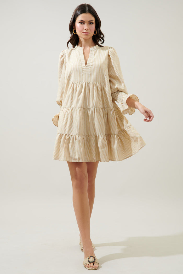 Zephyr Ticking Stripe Babydoll Tiered Mini Dress