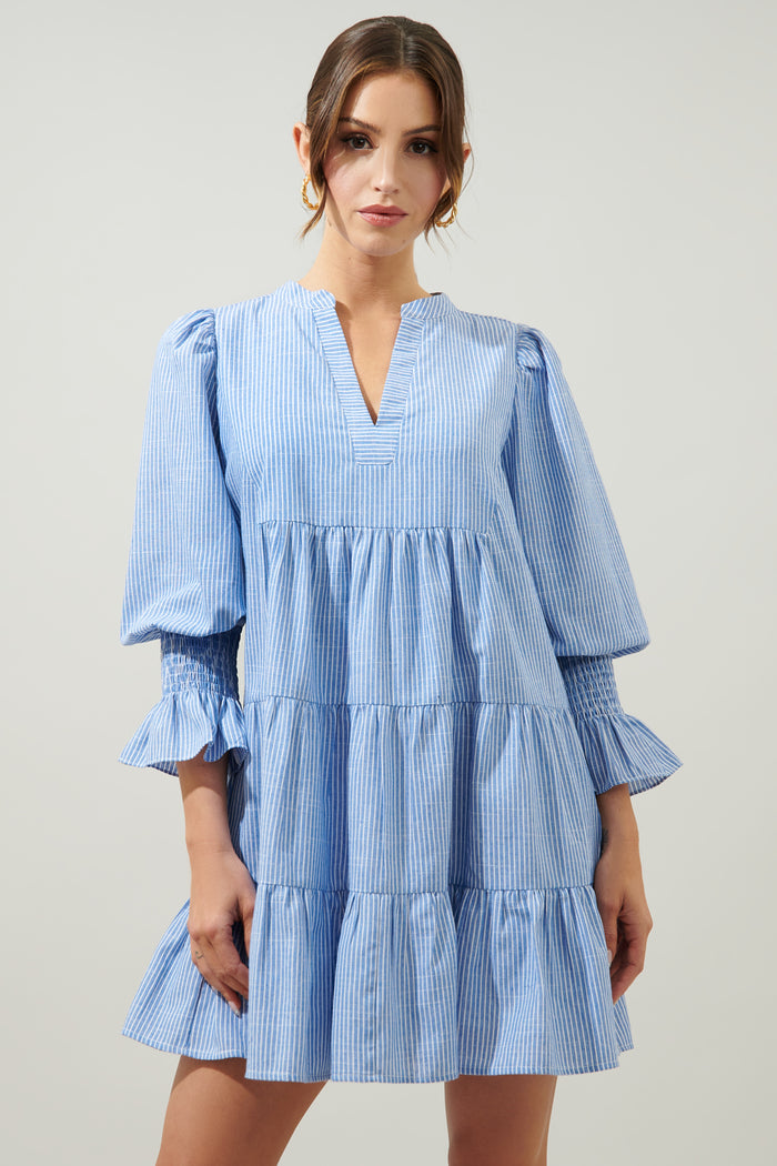 Zephyr Ticking Stripe Babydoll Tiered Mini Dress